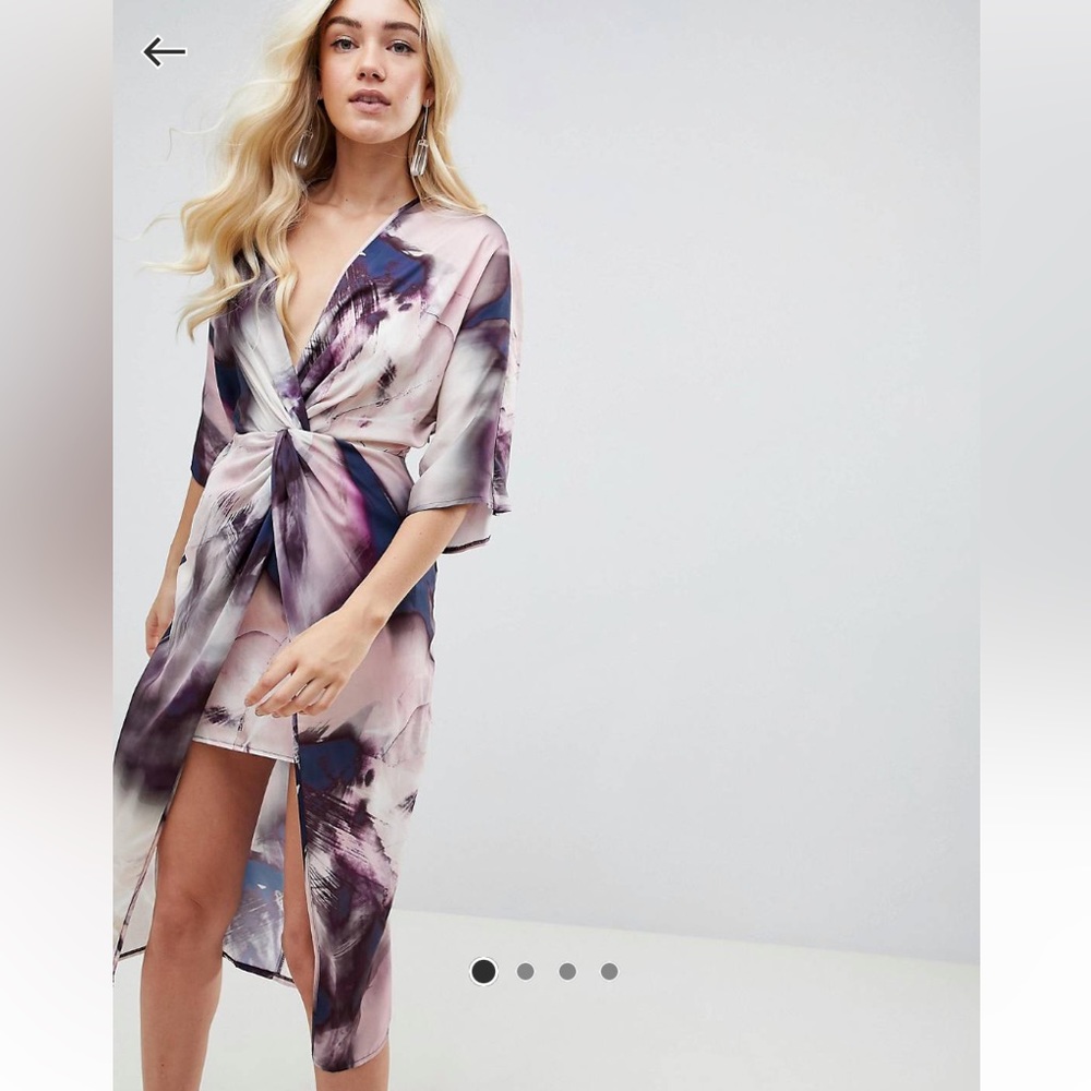 Knot Front Kimono Midi/HiLo Dress in Purple/Blue